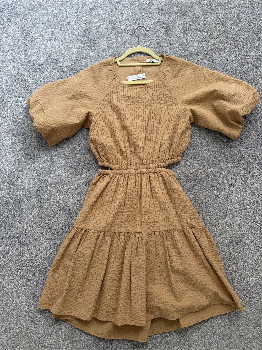 Textured Puff Sleeve Tiered Dress in Camel